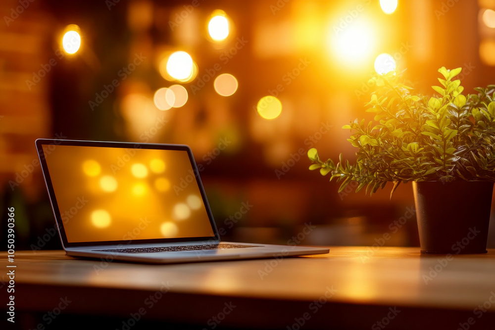 Aufkleber A cozy workspace featuring a laptop and a small plant with warm, glowing lights in the background, creating an inviting atmosphere.