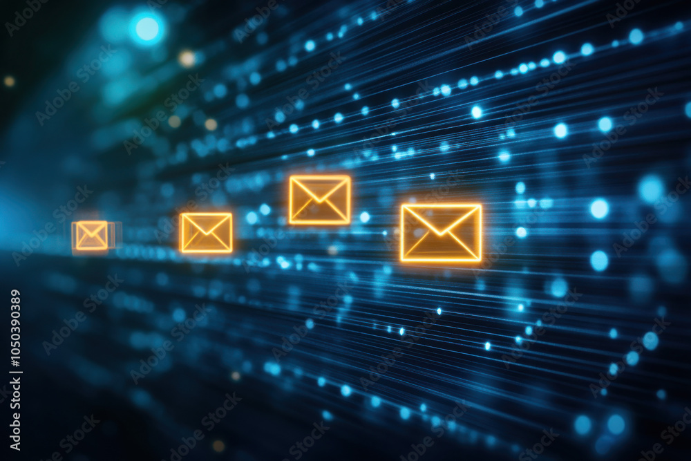 Leinwandbilder Description:** A digital representation of email icons flowing through a network, symbolizing communication and technology.
