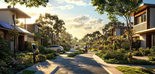 An eco-friendly suburb with solar-powered street lighting, rain gardens to manage stormwater, and shared electric vehicle services, all framed by beautifully maintained green spaces.