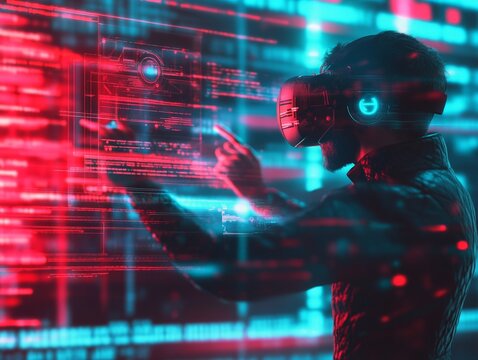 A virtual reality system being hacked, with malicious code altering the immersive experience for the user, posing a new cybersecurity risk.