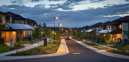 An eco-friendly suburb with solar-powered street lighting, rain gardens to manage stormwater, and shared electric vehicle services, all framed by beautifully maintained green spaces.