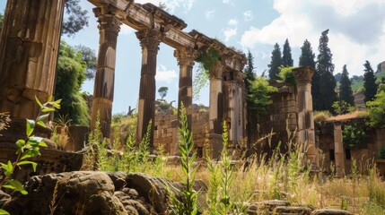 A majestic ancient ruin with towering columns and overgrown vegetation, historical setting with a sense of grandeur, Ruins style