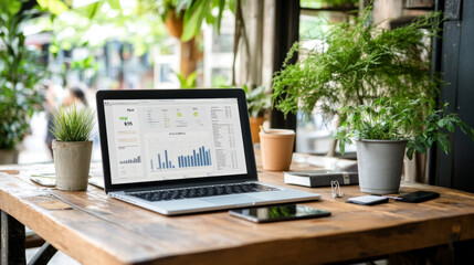 A modern workspace featuring laptop displaying data analytics, surrounded by potted plants and wooden table. serene environment promotes productivity and creativity