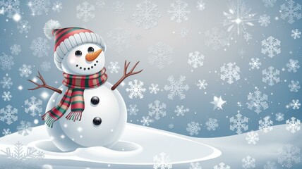 Fototapeta premium Cheerful Cartoon Snowman Winter Wonderland Red White Hat - Perfect Christmas Marketing, Holiday Graphics, Festive Greeting Cards