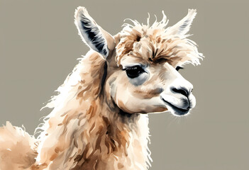 A watercolor painting of a llama with a fluffy mane against a gray background.