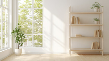 A bright and airy interior featuring wooden bookshelf filled with books, potted plant, and large windows allowing natural light to flood space. serene atmosphere promotes sense of calm and tranquility