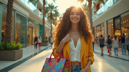 Fototapeta premium Beautiful fashionable woman with shopping bags walking near mall, 16:9 widescreen, 300 dpi, with free space for text