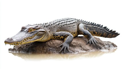 A bold crocodile lounging near water, its powerful body relaxed, isolated on a white background