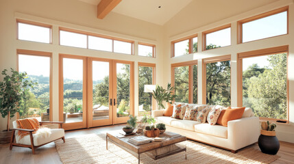 Fototapeta premium A bright and airy living room features large windows that invite natural light, showcasing cozy sofa adorned with decorative pillows. space is enhanced by plants and wooden coffee table, creating warm