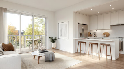 Modern living room with open kitchen, featuring cozy sofa, wooden bar stools, and large windows showcasing view of nature. space is bright and inviting, perfect for relaxation