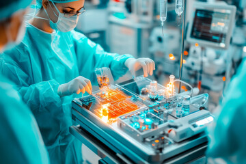 A medical professional in protective gear operates advanced medical equipment in hospital setting, showcasing high tech environment filled with various instruments and monitors. atmosphere conveys sen