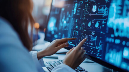 A person interacts with high tech computer screen displaying data analytics and graphs, showcasing modern technology in professional setting
