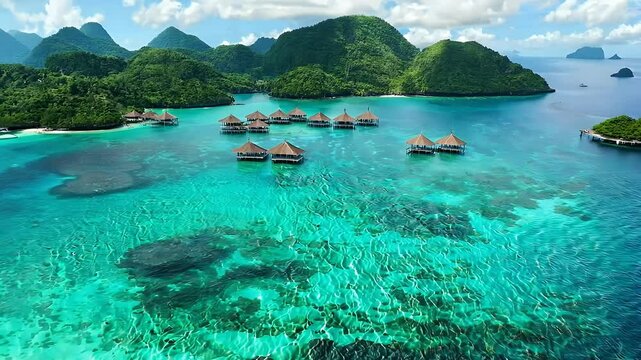 aerial perspective reveals tropical paradise Bora highlighting lagoon's crystalclear turquoise waters distinctive overwater bungalows breathtaking South Pacific Ocean polynesia land lagoon clear