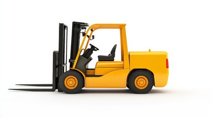 A bright yellow forklift used for lifting materials, isolated on a white background