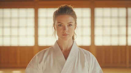 medium shot of a beautiful woman karateka with traditional white kimono in a traditional dojo