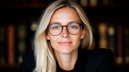 confident woman with long blonde hair and glasses poses for portrait, exuding professionalism and warmth in library setting filled with books