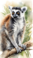 Fototapeta premium Watercolor illustration of a ring-tailed lemur with vivid orange eyes and detailed fur texture.