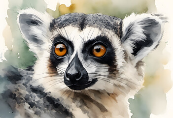 Naklejka premium Watercolor illustration of a ring-tailed lemur with vivid orange eyes and detailed fur texture.