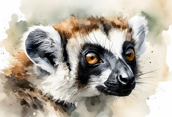 Watercolor illustration of a ring-tailed lemur with vivid orange eyes and detailed fur texture.