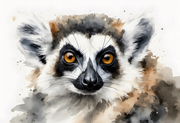 Obraz premium Watercolor illustration of a ring-tailed lemur with vivid orange eyes and detailed fur texture.
