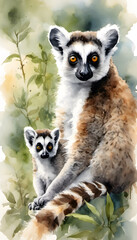 Obraz premium Watercolor illustration of a ring-tailed lemur with vivid orange eyes and detailed fur texture.