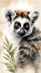 Obraz premium Watercolor illustration of a ring-tailed lemur with vivid orange eyes and detailed fur texture.