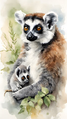 Fototapeta premium Watercolor illustration of a ring-tailed lemur with vivid orange eyes and detailed fur texture.