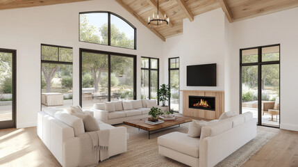 Fototapeta premium A bright and airy living room featuring large windows, cozy fireplace, and modern furniture. space is designed with natural light and warm atmosphere, perfect for relaxation