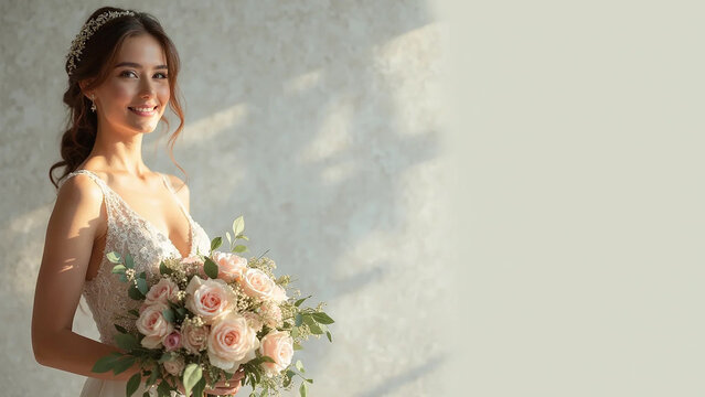 Bride holding a bouquet of flowers, wedding bouquet, 16:9 widescreen, 300 dpi, with free space for text