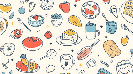 Cartoon food vector illustration with seamless pattern design, perfect for kitchen or restaurant