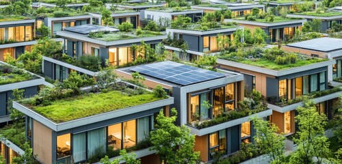 Obraz premium An energy-efficient housing development with flat green roofs and solar panels, integrating nature into urban architecture and supporting clean energy.