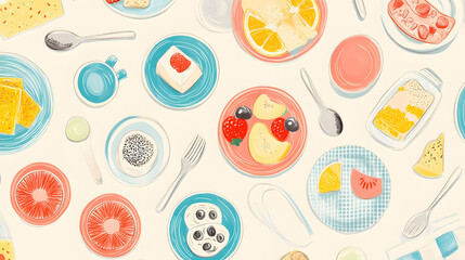 Cartoon food vector illustration with seamless pattern design, perfect for kitchen or restaurant