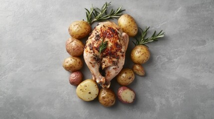 Obraz premium Roasted chicken with potatoes and rosemary sprigs on a gray background.