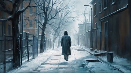 background illustration of city with snow and man on his back walking with coat and hat