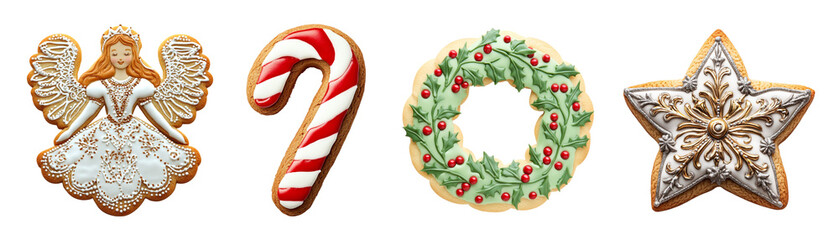 Assorted holiday-themed cookies featuring angel, candy cane, wreath, and star designs, isolated on a white background.