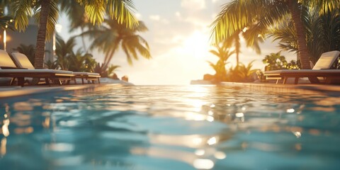 Fototapeta premium A detailed 3D representation of a swimming pool surrounded by palm trees and lounge chairs, with sunlight reflecting off the water surface, capturing a serene vacation vibe