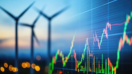 A blend of wind turbines and a financial graph, symbolizing renewable energy and investment.