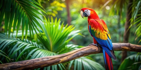 A colorful parrot perched on a tree branch in a tropical jungle setting, parrot, branch, tree, colorful, tropical, jungle