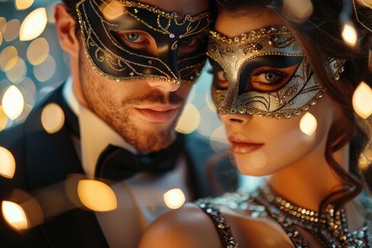 Close-up portrait of young man and woman in black masquerade masks and festive costumes at masquerade ball looking at the camera with confident expression against background with bokeh