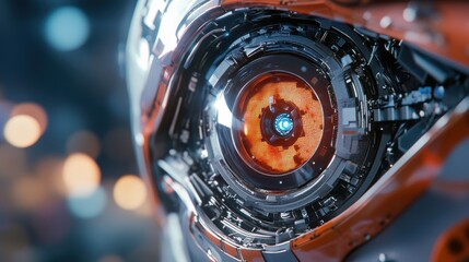 Fototapeta premium Close-up of a futuristic robotic eye with intricate mechanical details.