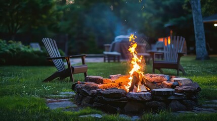 A crackling fire burns brightly in a stone fire pit with two chairs on either side, surrounded by lush green grass.