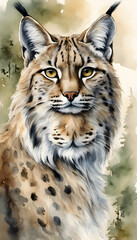 Obraz premium A detailed watercolor painting of a lynx with distinctive tufted ears and spotted fur, gazing attentively to the side. The artwork captures the lynx's majestic and wild nature.