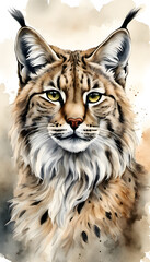 Fototapeta premium A detailed watercolor painting of a lynx with distinctive tufted ears and spotted fur, gazing attentively to the side. The artwork captures the lynx's majestic and wild nature.