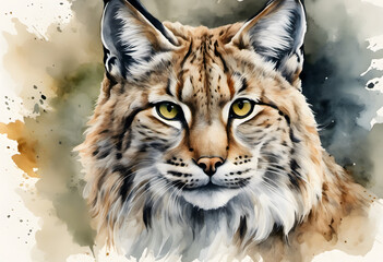 Obraz premium A detailed watercolor painting of a lynx with distinctive tufted ears and spotted fur, gazing attentively to the side. The artwork captures the lynx's majestic and wild nature.