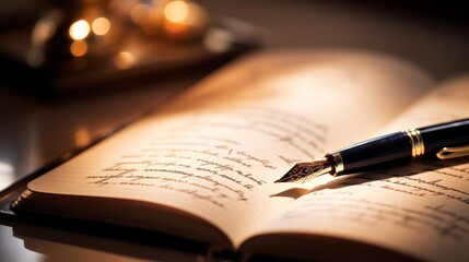 book with pen in yellow lights