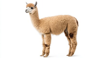 Fototapeta premium A fluffy alpaca standing peacefully with its thick woolly coat, isolated on a white background