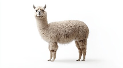 Obraz premium A fluffy alpaca standing peacefully with its thick woolly coat, isolated on a white background