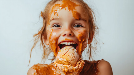 Naklejka premium Here is the image of a cute child with an adorable smile enjoying an ice cream against a white background. 