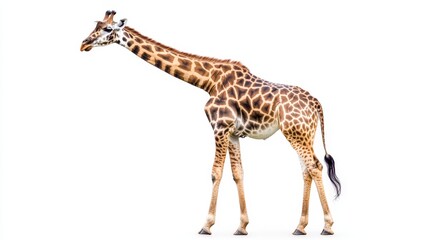 Obraz premium A giraffe with its long neck extended, standing gracefully, isolated on a white background