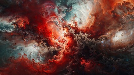 Vibrant Cosmic Nebula with Intense Red and White Swirling Clouds in Deep Space